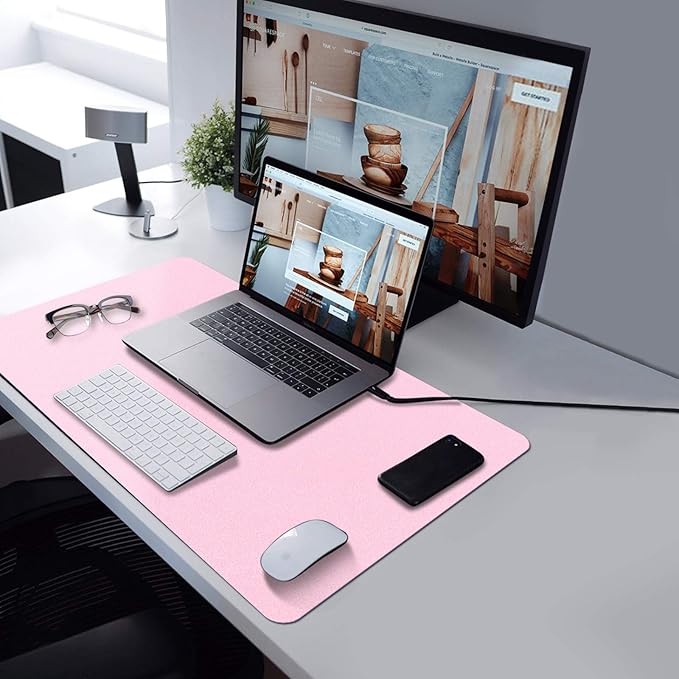 TOWWI PU Leather Desk Pad with Suede Base, Multi-Color Non-Slip Mouse Pad, 24” x 14” Waterproof Desk Writing Mat, Large Desk Blotter Protector (Light Pink)
