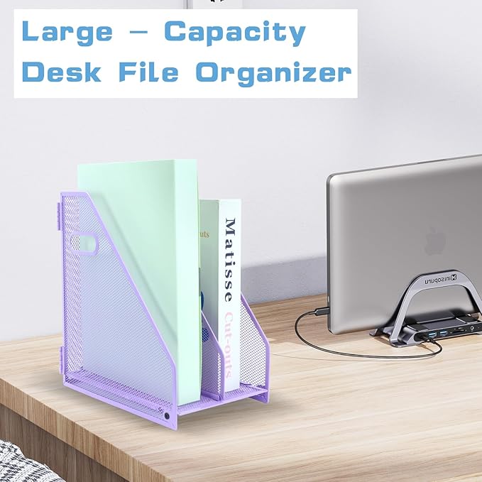 Desk Organizers Metal Magazine File Holder Racks Desktop Folder Storage Binder Organiser Document Organization for Home Office & Classroom,2 Vertical Compartments-Purple