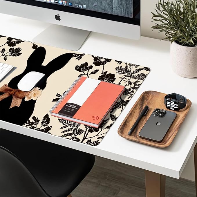 Easter Mouse Pad PU Leather Black Rabbit Desk Mat Large Waterproof Gaming Pad Non-Slip Keyboard Mouse Pad Writing Pad for Gamer Office&Home