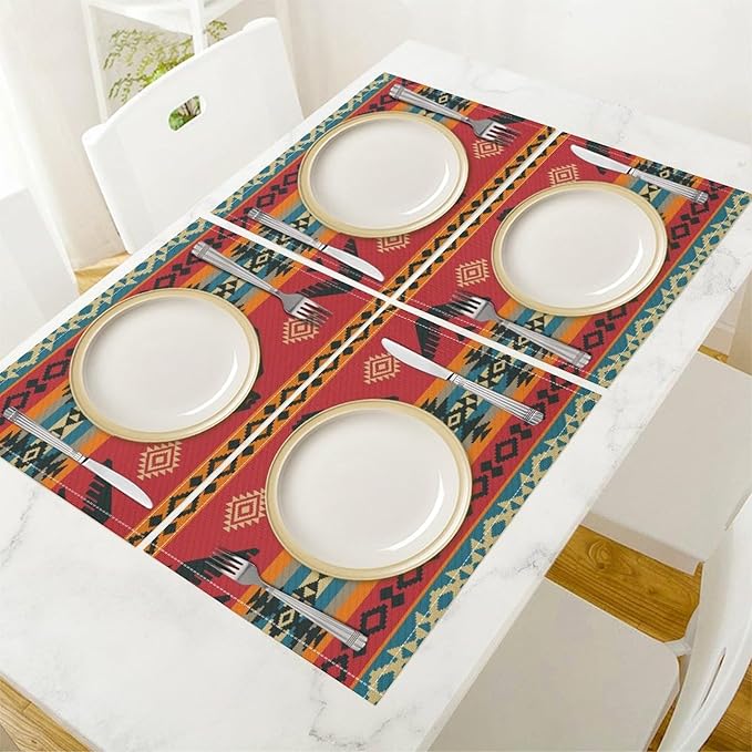 Vintage Aztec Southwest Placemats Ethnic Style Design Boho Geometric Pattern Linen Washable Table Mats Stain Heat-Resistant Desktop Decor Place Mats for Home Kitchen Dining Party 12x18 in 6 Pcs