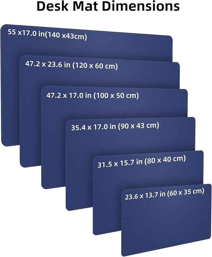 Large Desk Pad Mat - Waterproof Mouse Pad & Desk Protector, Non-Slip XL PU Leather Gaming Mat for Keyboard/Mouse, Stitched Edge with Ergonomic Support, 47"x17" (Blue)