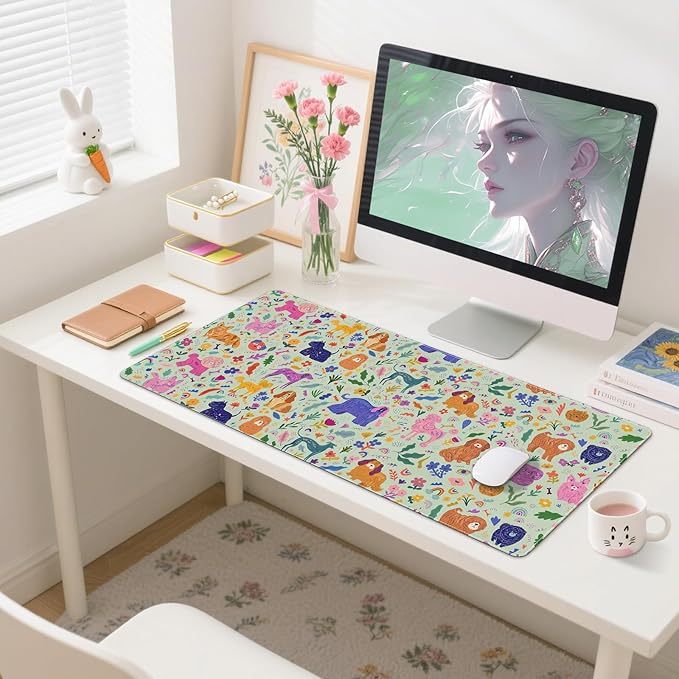 DINKY Leather Desk Pad Protector Mouse Pad, Green Non-Slip Computer Mat for Desk, Cute Dog PVC Leather Office Desk Mat, Laptop Desk Blotter for Keyboard and Mouse
