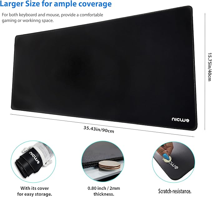 XXL Desk Pad – Large Micro Woven Cloth Mouse Pad with Non‑Slip Rubber Base, Waterproof, Double‑Stitched Edges – 35.4 x 15.75 in (Black)