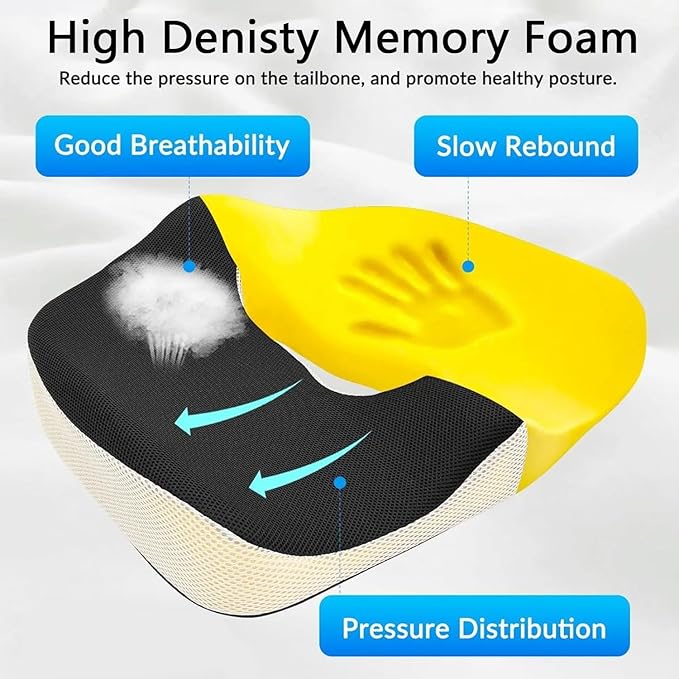 Seat Cushion for Tailbone Pain Relief, Memory Foam Coccyx Cushion for Office Chair & Car, Ergonomic Chair Pad with Non-Slip Cover & Handle, Sciatica Relief for Gaming Chair (Black)