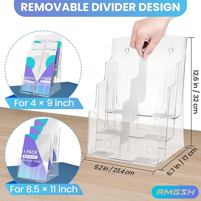 3 Tier Brochure Stand - Acrylic Literature Holder with Removable Divider for 4' x 9' Brochure, Clear Flyer Holder Pamphlet Display Stand