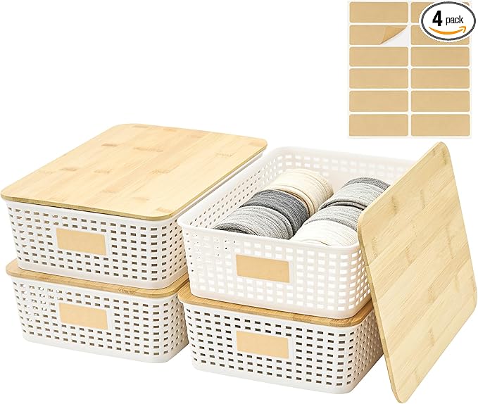 Bagnizer 4 Pack Plastic Storage Bins with Bamboo Lids, 6.2qt Stackable Storage Organizer Box with Lable for Pantry Shelves Drawers Desktop Office, 12"L x 8.5"W x 3.5"H, Cream White