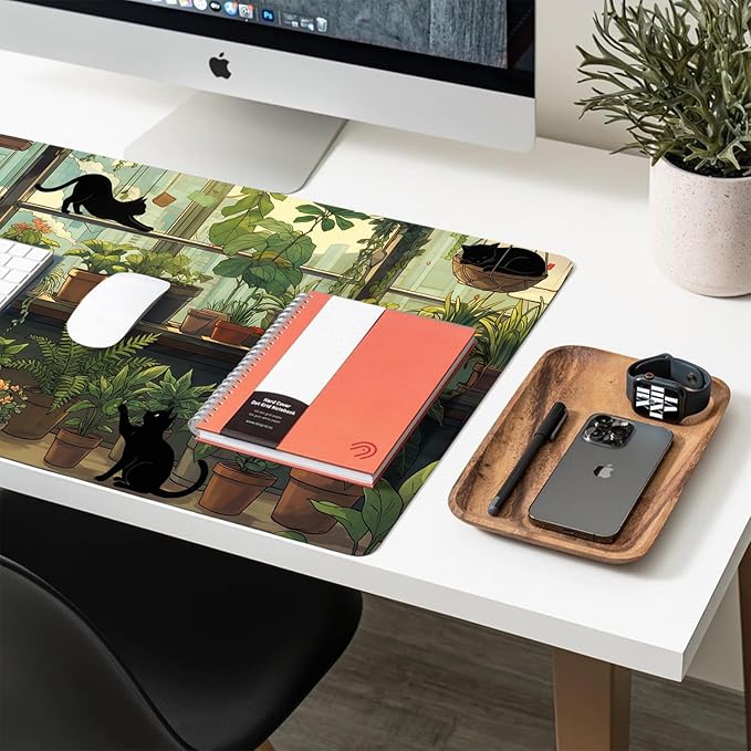 Cute Desk Mat, Green Plants Cat Large Mouse Pad for Desktop, PU Leather Waterproof Desk Pad, Anti-Slip Computer PC Laptop Protector Gaming Mouse Pads for Office Home Decorations (27.5" x 13.8")