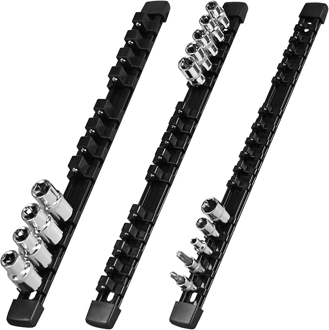 Socket Organizer Set 3PCS ABS Holder Kit, 1/4-Inch x 16, 3/8-Inch x 15, 1/2-Inch x 12 Clips, Drive Tray, Rail, Black