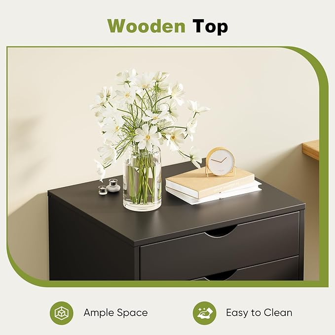 Sweetcrispy 5 Drawer Chest Mobile Storage Cabinets Small Wooden Dresser with Wheels Room Organization Furniture for Office Home, Rolling Vertical Organizer for Home Office, Black Wood