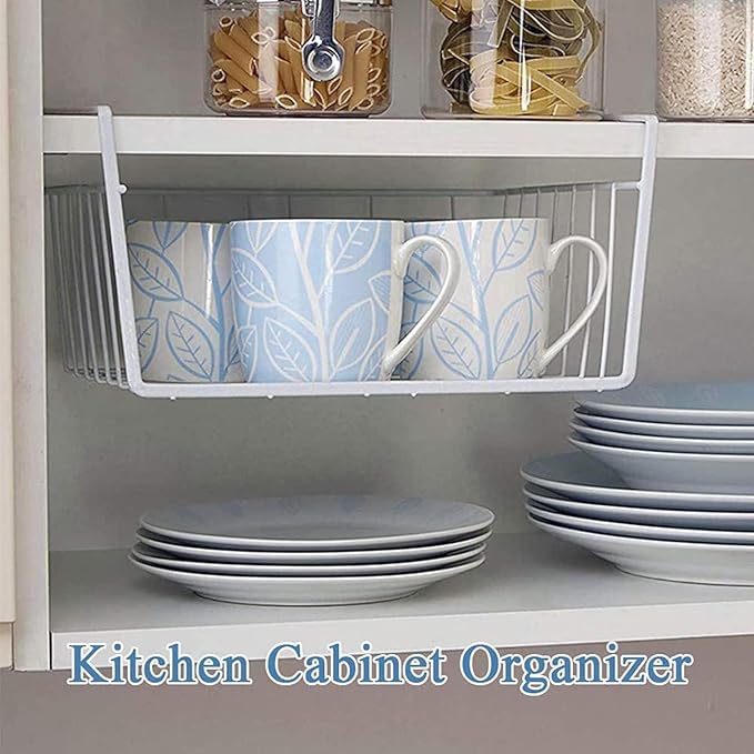 6 PACK 12in Hanging Under Shelf Storage Basket Kitchen Cabinet Organizer Storage, Slides Under Wire Shelves for Counter Pantry Desk Bookshelf, White