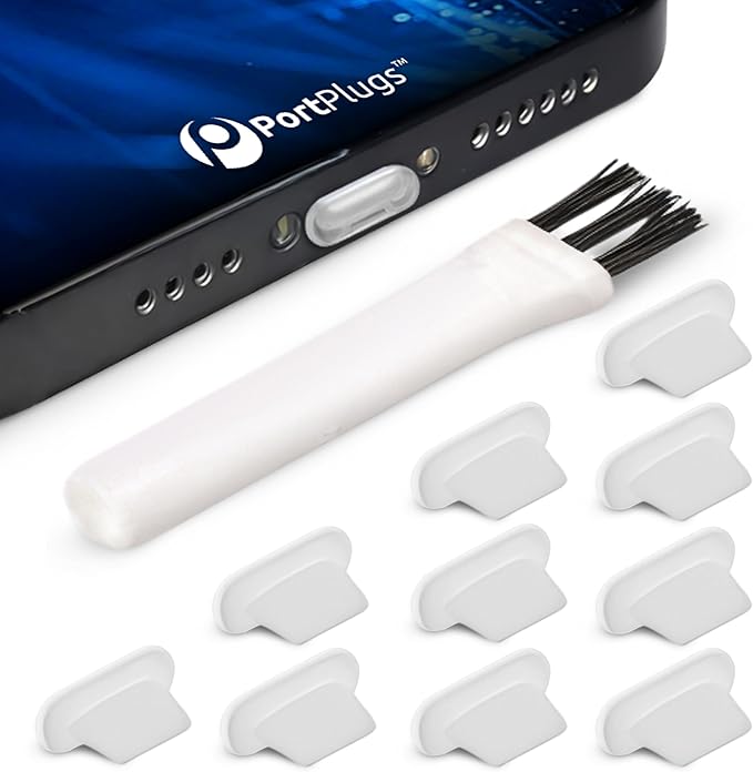PortPlugs Anti Dust Plugs for iPhone, Compatible with Lightning Port, Low Profile with Cleaning Brush, Keeps Charging Port Clean from Dust Lint, Fits iPhone 14 to 7, iPad AirPods | Clear (10 Pack)