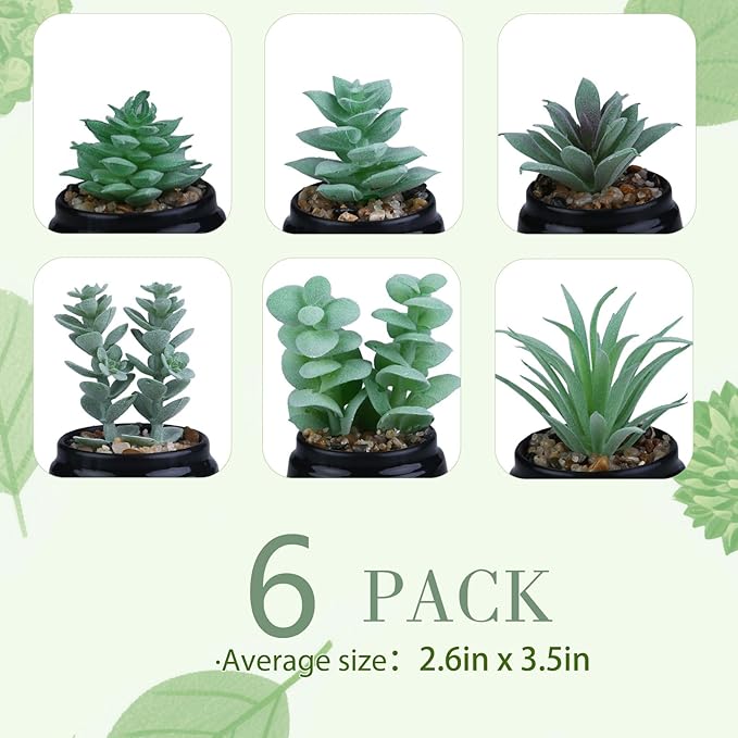 GREENTIME 6 Pcs Green Mini Artificial Succulents in Plastic Pots Small Fake Plant Succulent Plant Graduation & Father Party Decorations Classmate Gift Faux Indoor Decor Bedroom Desk Bathroom Table