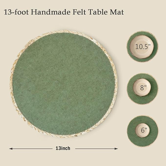 Noctiflorous 13 Inch Round Felt Placemats Set of 6 Heat Resistant Washable Non-Slip Table Place Mats for Kitchen Dining Table(Green, 6)