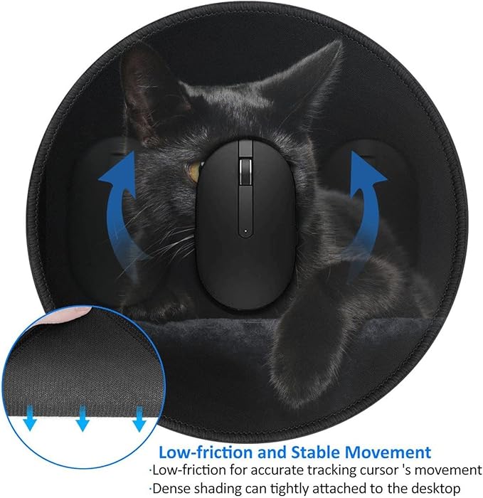 Black Cat Round Mouse Pad Premium Textured Mouse Mat Washable Mousepads with Extended Stitched Edges Non Slip Rubber Base Small Mousepad 7.9 * 7.9 * 0.12 Inches