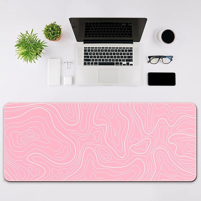 DIGSOM Gaming Mouse Pad 31.5 x 11.8in Large Mouse Pad with Anti-Slip Rubber Base（Pink with White Topographic Line）