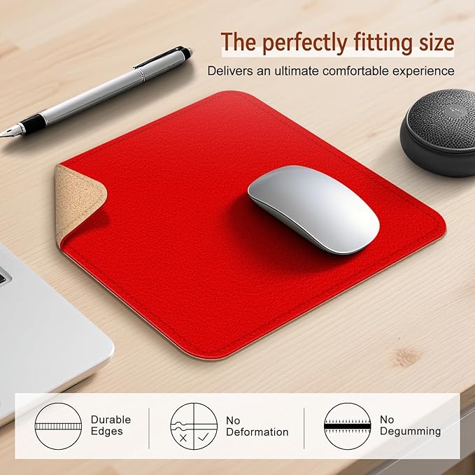 Leather Mouse Pad with Stitched Edge, Waterproof Gaming Mouse Mat for Computers, Laptop, Office & Home (red, 11"*8")