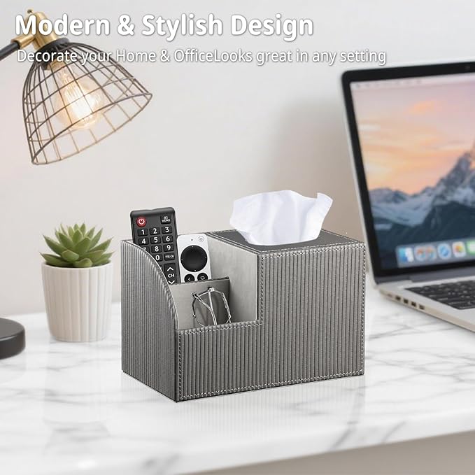 Square Tissue Box Cover with Storage, PU Leather Cube Tissue Box Holder, Remote Control Nightstand Organizer, Modern Desk Caddy for End Table, Bathroom, Bedroom, Home, Office Decor