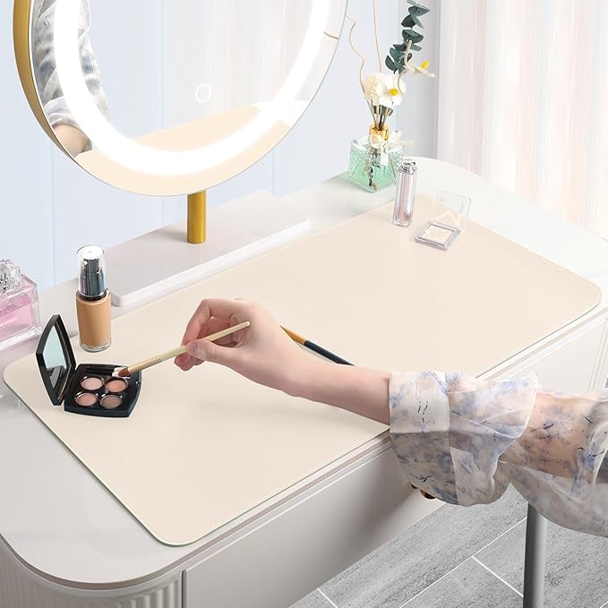 Makeup Mat for Vanity to Protect Desk Top 23.6 x 11.8 in, Dual-Sided Makeup Mat, Easy to Clean Desk Pad - Waterproof and Oilproof Vanity Accessories (Beige and Olive Green)