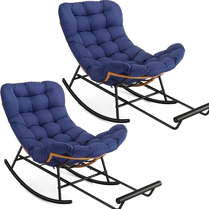 Garvee 2PCS Papasan Rocking Chair with Foot Rest, Oversized Papasan Chair with Thick Removable Cushion and Metal Frame, Lounge Chairs and PE Rattan Rocker for Patio, Porch, Garden, Lawn, Living Room