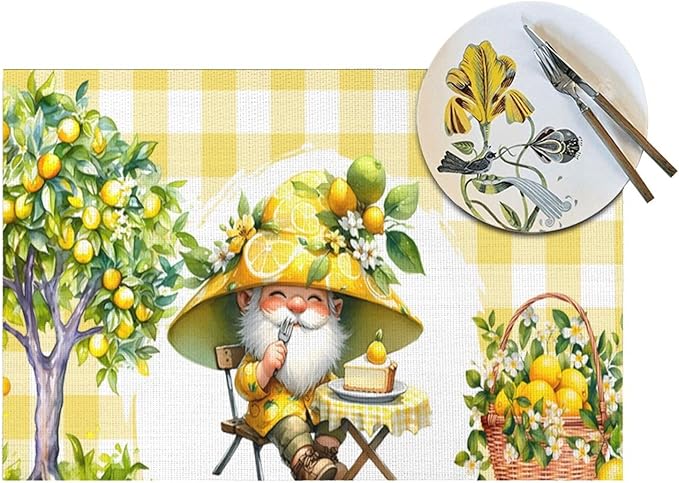 Placemats Set of 4 Heat-Resistant Rectangle Place Mats Yellow Lemon Gnomes Washable Plastic PVC Dining Table Mat Non-Slip Wipeable Woven Vinyl Placemat for Kitchen Patio Table Decor