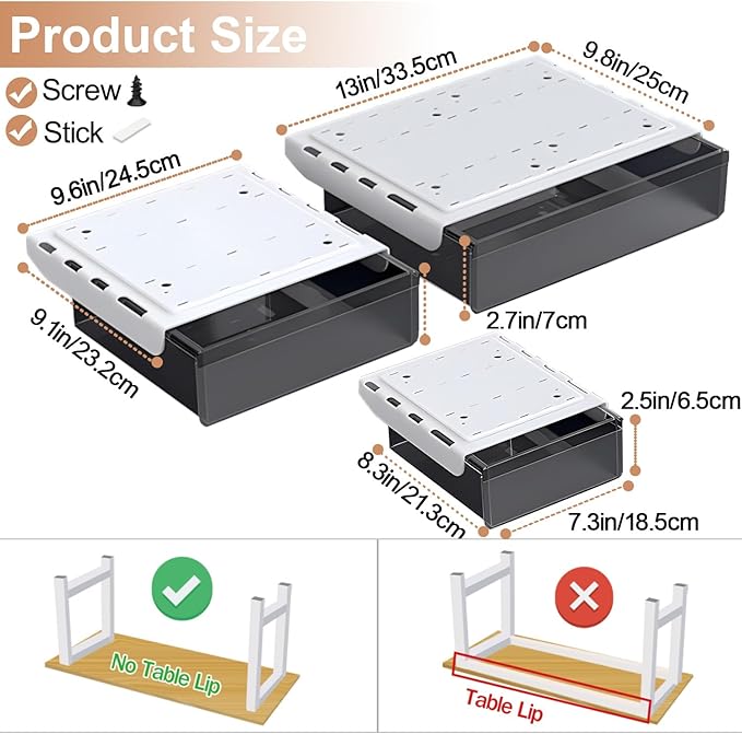 SVNNELP Under Desk Table Drawer Storage Organizer,3 Pack Large & Medium & Small Slide Out Desk Drawers - Hidden Desktop Organizer,Attachable Pencil Storage Tray Under Table(SML)