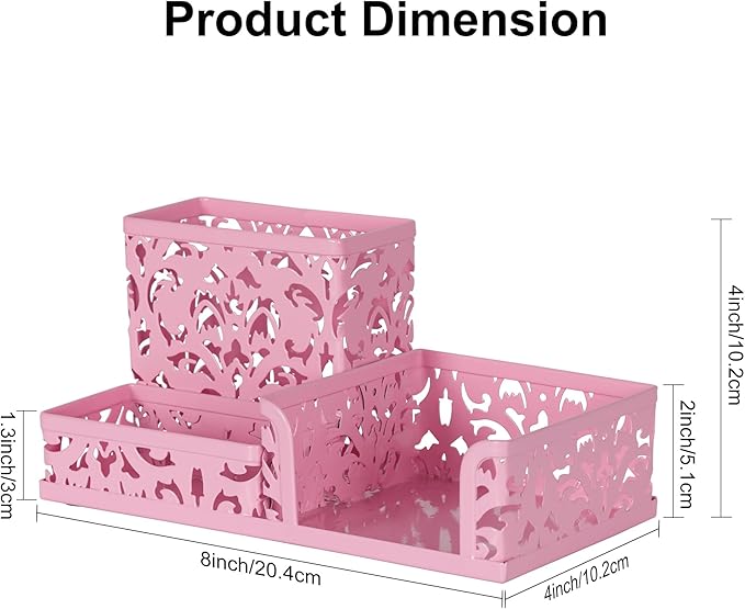 EasyPAG Desk Organizer 3 Compartment Pen Holder for Desk Office Supplies Caddy with Sticky Notes Holder for School Home, Pink