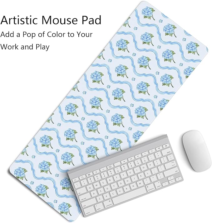 Light Blue Hydrangea Floral Large Mouse Pad,Summer Preppy Cottagecore Desk Mat,Aesthetic Blue and White Flower Botanical Mousepad,for Home Office Dorm Desktop Decor,31.5x11.8 Inch