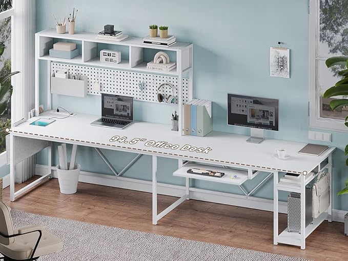 SEDETA White L Shaped Gaming Desk, Reversible Corner With Power Outlet and Pegboard, Hutch, Storage Shelf, Keyboard Tray, and LED Lights for Home Office