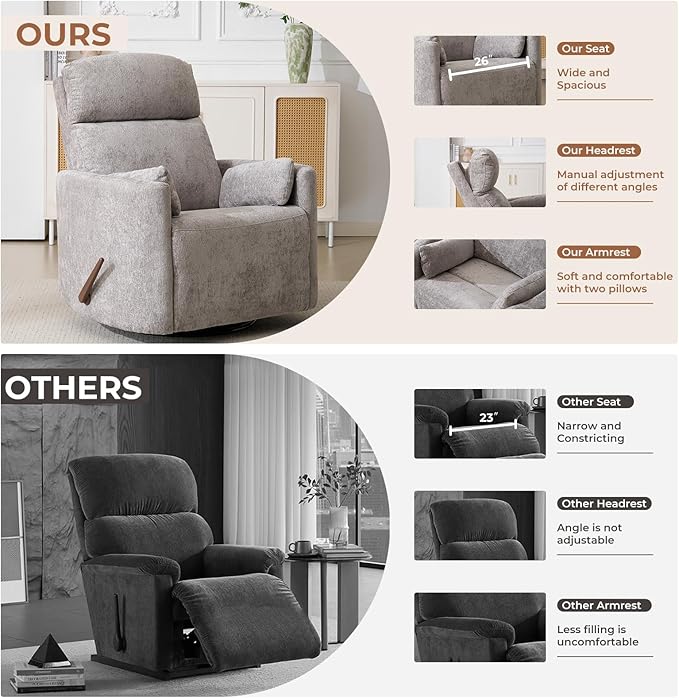 Oversized Swivel Rocker Recliner with Massage and Heat, Rocker Nursery Recliner for Adults with Adjustable Headrest, 26" Extra Wide Nursery Chair with 2 Pillows, Light Grey