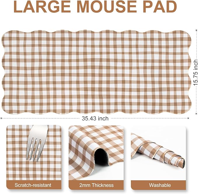 L-SPOUTTO Brown Checkered Mouse Pad,Cottagecore Scalloped Desk Mat XXL Large Cute Gingham Gaming Mousepad,35.4x15.7in Non-Slip Keyboard Pad Waterproof Desktop Mat for Laptop Computer Game Home Office