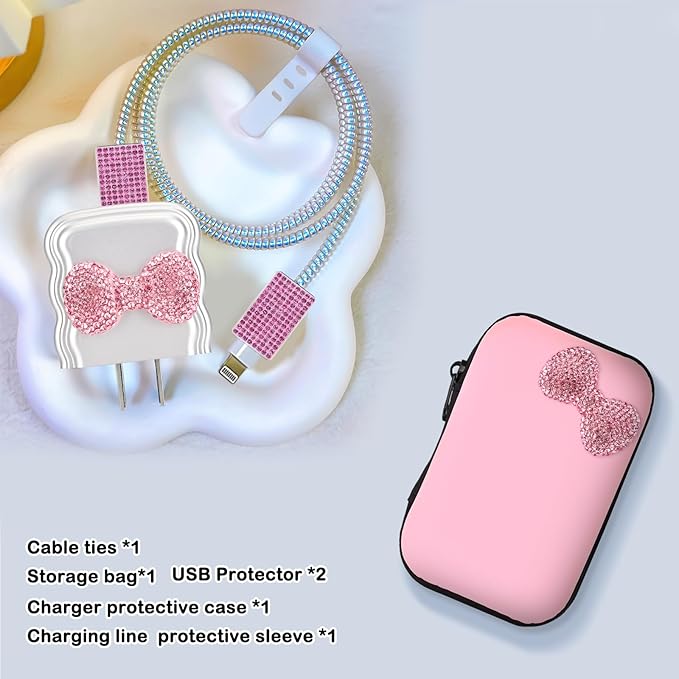 Phone Charger Case Storage Set with Cute Bow Cable Protector with Carrying Cable Case Bag,Cord Organizer, USB Earphone Wire Saver Organizer Charger Protector for iPhone (Pink Bow)