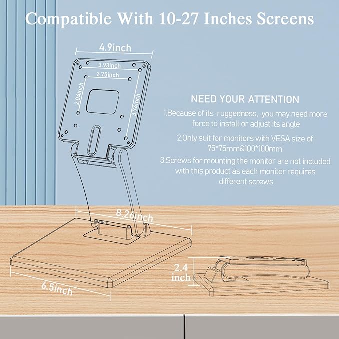 Babibobibi Foldable VESA Stand - 75x75mm/100x100mm LCD/PC Monitor Mount, Black, Lay Flat, Single Monitor Adapter