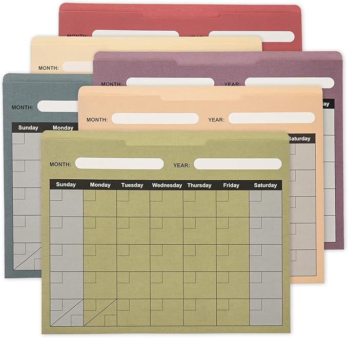 Y YOMA 18 Pack File Folder Jackets Letter Size Paper Pocket File Folder with Reinforced Straight-Cut Tab Pre-Printed Job Folders No Expansion Organizer for Office, Assorted Colors, Calendar Design