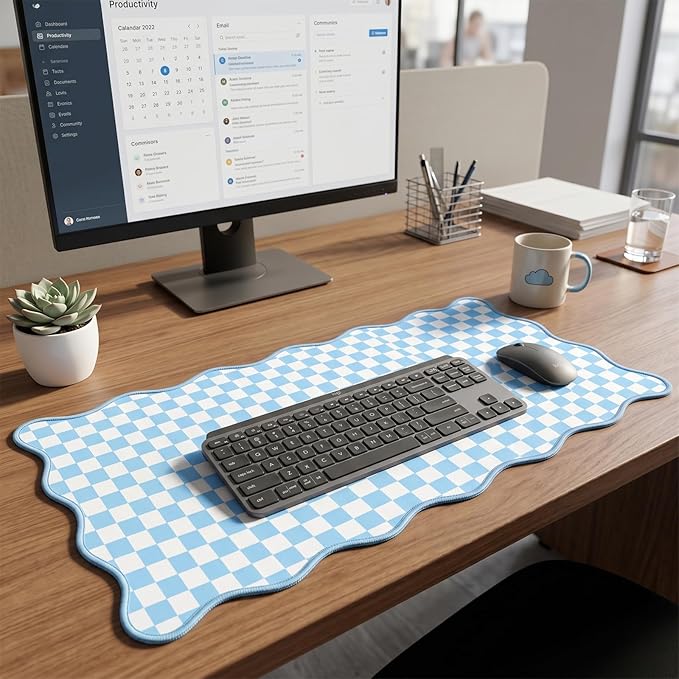 Scalloped Desk Mat Extended Large Cute Mouse Pad Big Desk Pad XXL Aesthetic Kawaii Plaid Mousepad Checkered Mouse Pad for Keyboard Computer Laptop Home Office Accessories Girl 35.4X15.7Inch Blue
