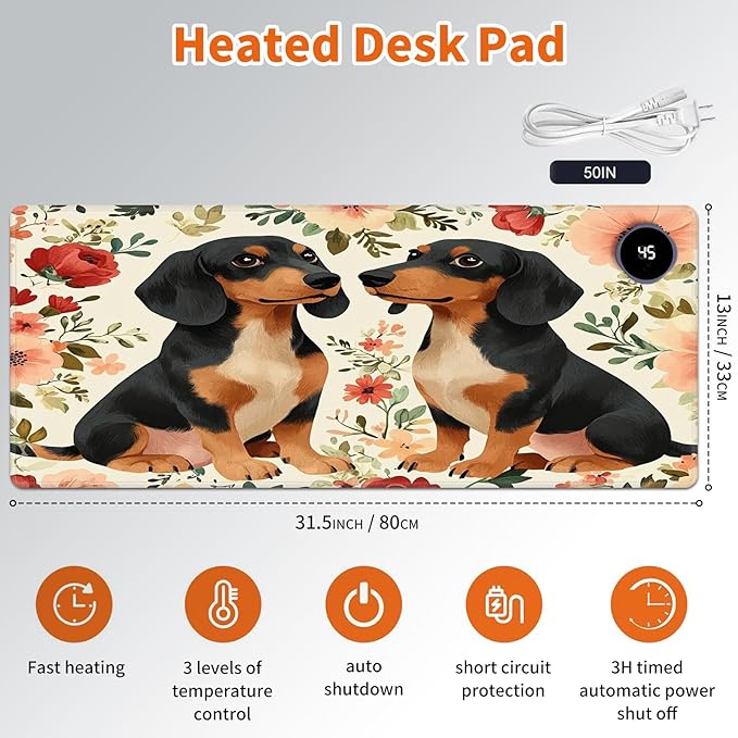 Heated Mouse Pad,Warm Desk Pad with 3 Levels Heating & 3 Hours Auto Shut-Off, PU Leather Heated Desk Pad Warmer Pad for Home Office - 31.5 x 13 inch,Dachshund Dog Flowers