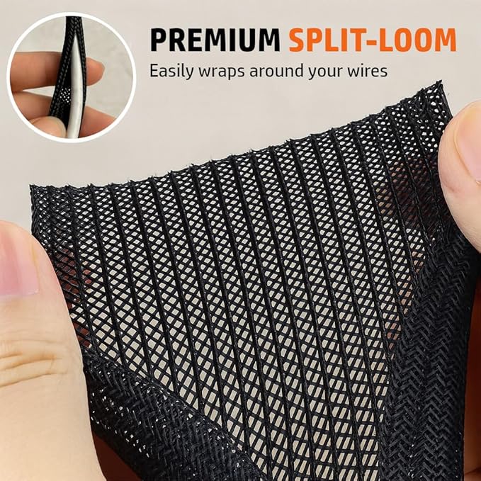 MGI SpeedWare Braided Split-Sleeve Wire Loom for High-Temperature Automotive Harness and Home Cable Management 10 feet (1/4")