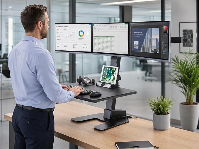 Mount-It! Triple Monitor Electric Standing Desk Converter - 3 Screens Stand Up Desk Riser - Height Adjustable Desktop & 3 Mounts for Screens up to 32", Sit-Stand Convertor for Home, Office, School