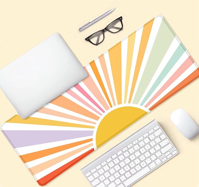Rainbow Large Desk Mat, Sun Extended Mouse Pad for Laptop, Aesthetic Art Desk Pad Cute, Pink Orange Large Mousepad, Computer pad, Sunrise Desktop Mat for Office Home, Gift for Kids Girly Fresh