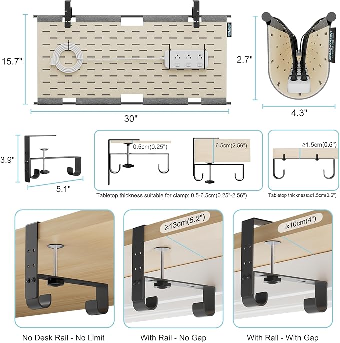 No Drill Under Desk Cable Management Tray, 30" Felt Cord Organizer for Table, Clamp/Screw Mount Wire Management with Privacy Panel for Standing Desk & Home Office (Gray/Khaki)