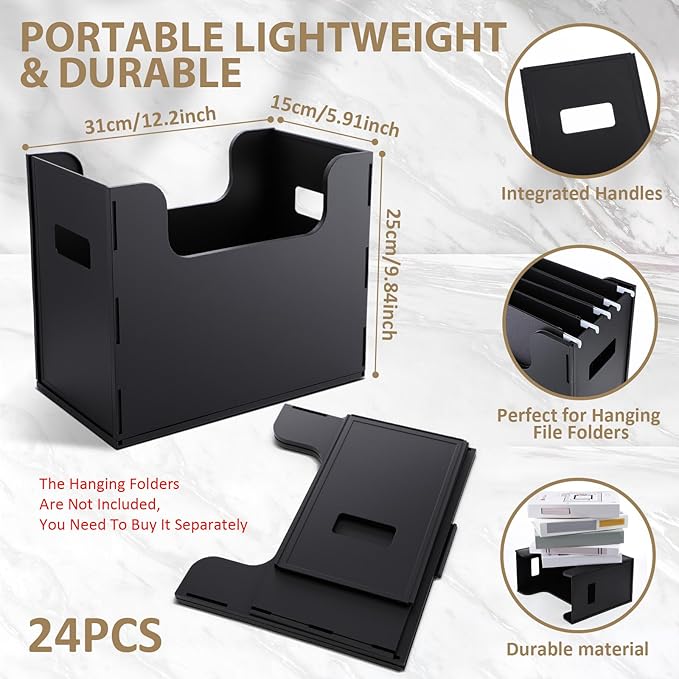 24 Portable Desktop File, Side Handles, Filing Organizer, Hanging File Folders, Letter Size for Schools Office Home (Black)