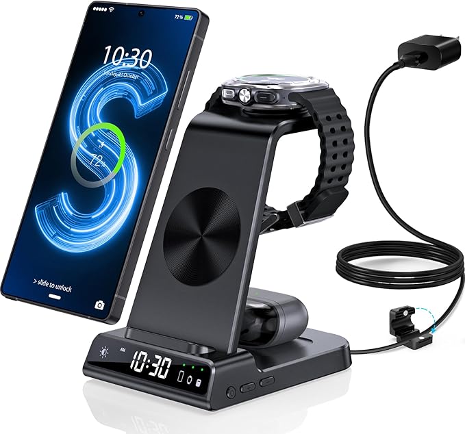 Wireless Charger for Samsung Charging Station with Clock for Samsung Galaxy S25 Ultra/S24 Ultra/Z Flip 7/Fold 6/Bud, 3 in 1 Android Charging Station, Watch Charger for Samsung Galaxy Watch 8/7/6/5Pro