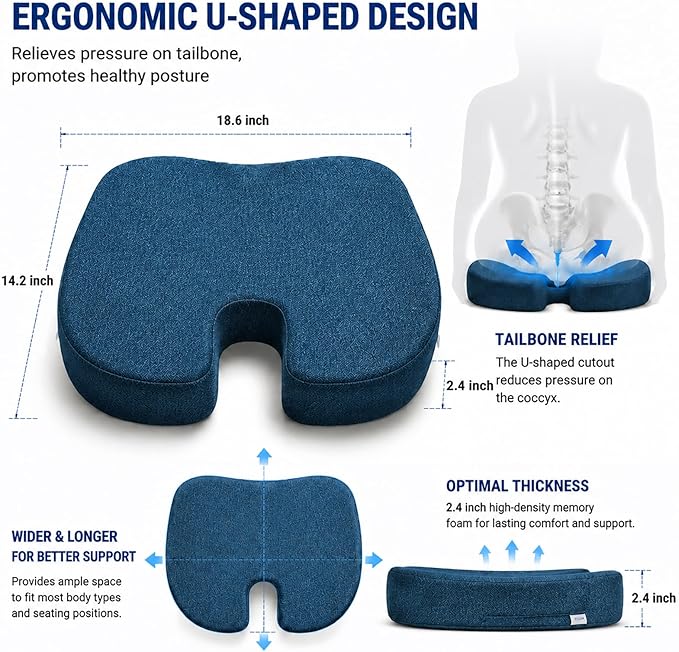 Gel Memory Foam Seat Cushion for Long Sitting with Removable Cover – Cooling Breathable Support for Tailbone, Coccyx, Sciatica, Back Pain Relief - for Office Chairs, Car Seat, Wheelchair (Blue)