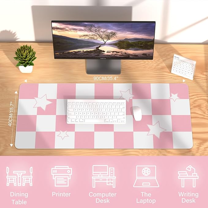 Large Desk Mat 35.4" x 15.7", PU Leather Desk Blotter for Keyboard and Mouse, Non-Slip Office Desk Mat for Desk, Easy Clean Desk Protector Mat, Computer Keyboard Pad for Work Home (Pink, Star)
