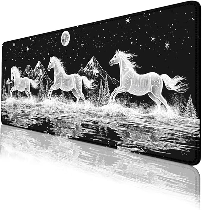 Wild Horses Mouse Pad, Black White Moon Mountain Gaming Desk Mat with Stitched Edges,Non-Slip Waterproof Rubber Base Mouse Mat, 31.5x11.8in Desk Home Office Gaming