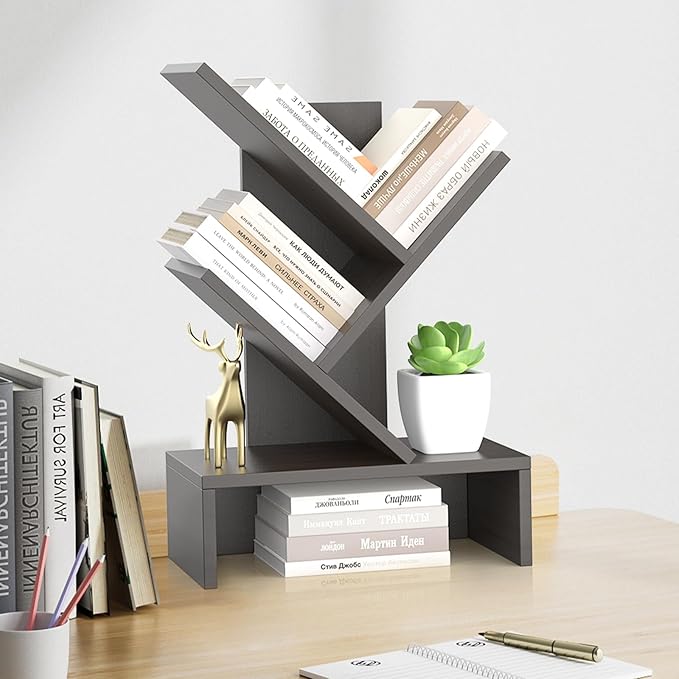 Godferyxin Small Bookshelf with Drawer for Desk,Compact Wood Book Organizer for Home Office, Bedroom, or School, 4-Tier Mini Bookcase with Storage for Decor