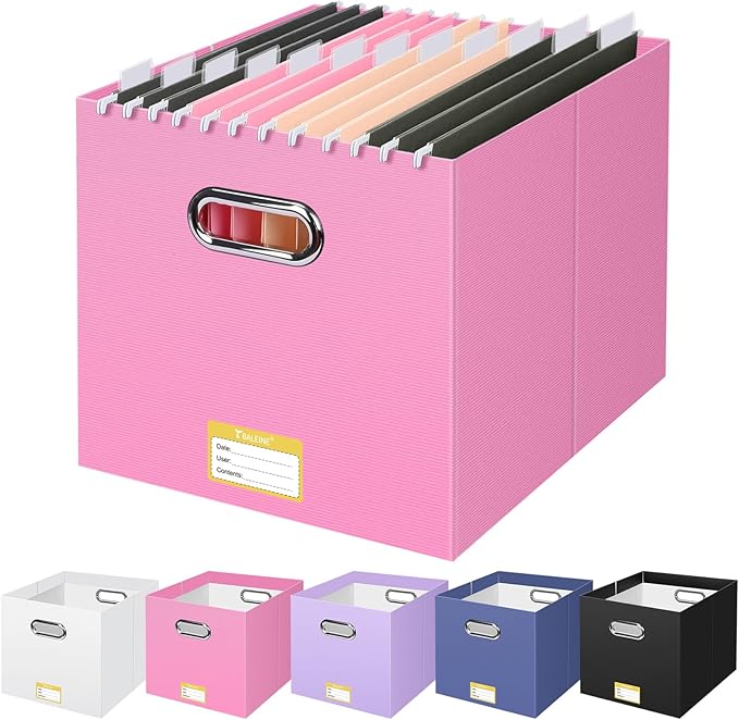 BALEINE File Organizer Box, Cardboard File Folder Organizer with Handle for Letter Size, Portable Collapsible Hanging Filing Box for Home Office Document Storage (1 Pack, Large Pink)