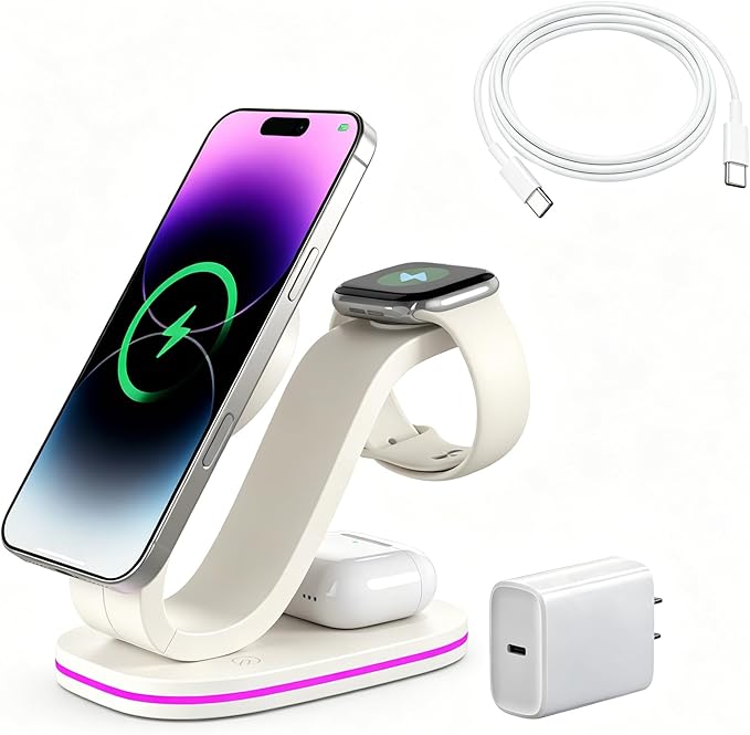 3 in 1 Charging Station for iPhone, 2026 New Fast 15W Wireless Charger Station Compatible Mag-Safe for iPhone 17 16 15 14 13 12 Wireless Charging Station for AirPods Wireless Charger for iWatch Series