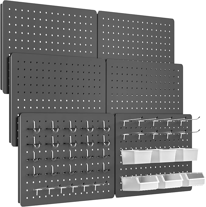 Peg Board for Tools, 6 Pack Metal Pegboard Wall Organizer with Hooks,16"×12" Gray Pegboard Panels for Walls Home, Garage Tool Storage, Kitchen, Office Organization, Craft Room