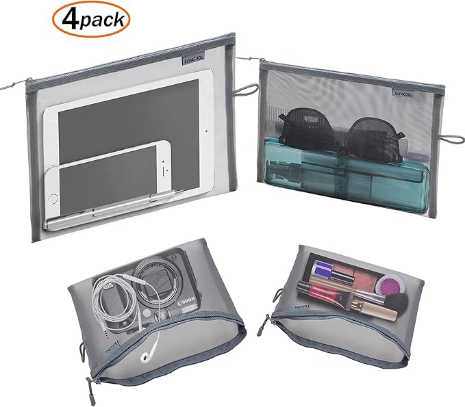 SUPACOOL Set of 4 Travel Mesh Makeup Bag, Cosmetic Organizer Pouches with Zipper, Diaper Organizing Pouches, Nylon Toiletries Bag for Women and Men(4pcs, Gray)