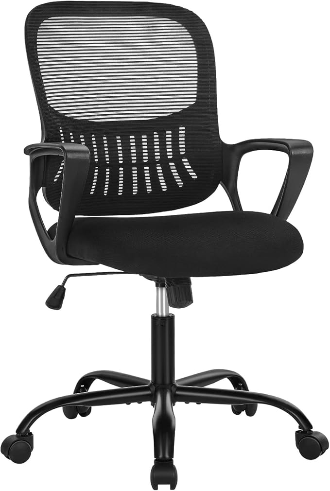 DUMOS Home Office Desk Chair - Ergonomic Mid Back with Lumbar Support & Rocking Mode, Height Adjustable with Fixed Armrest, for Conference, Computer, Meeting Room, 360° Swivel, Adults, Adults, Black